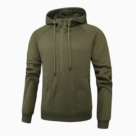 Herren Trendiger Pullover mit gebürstetem V-Reißverschluss, Camouflage-Patchwork und Kapuze