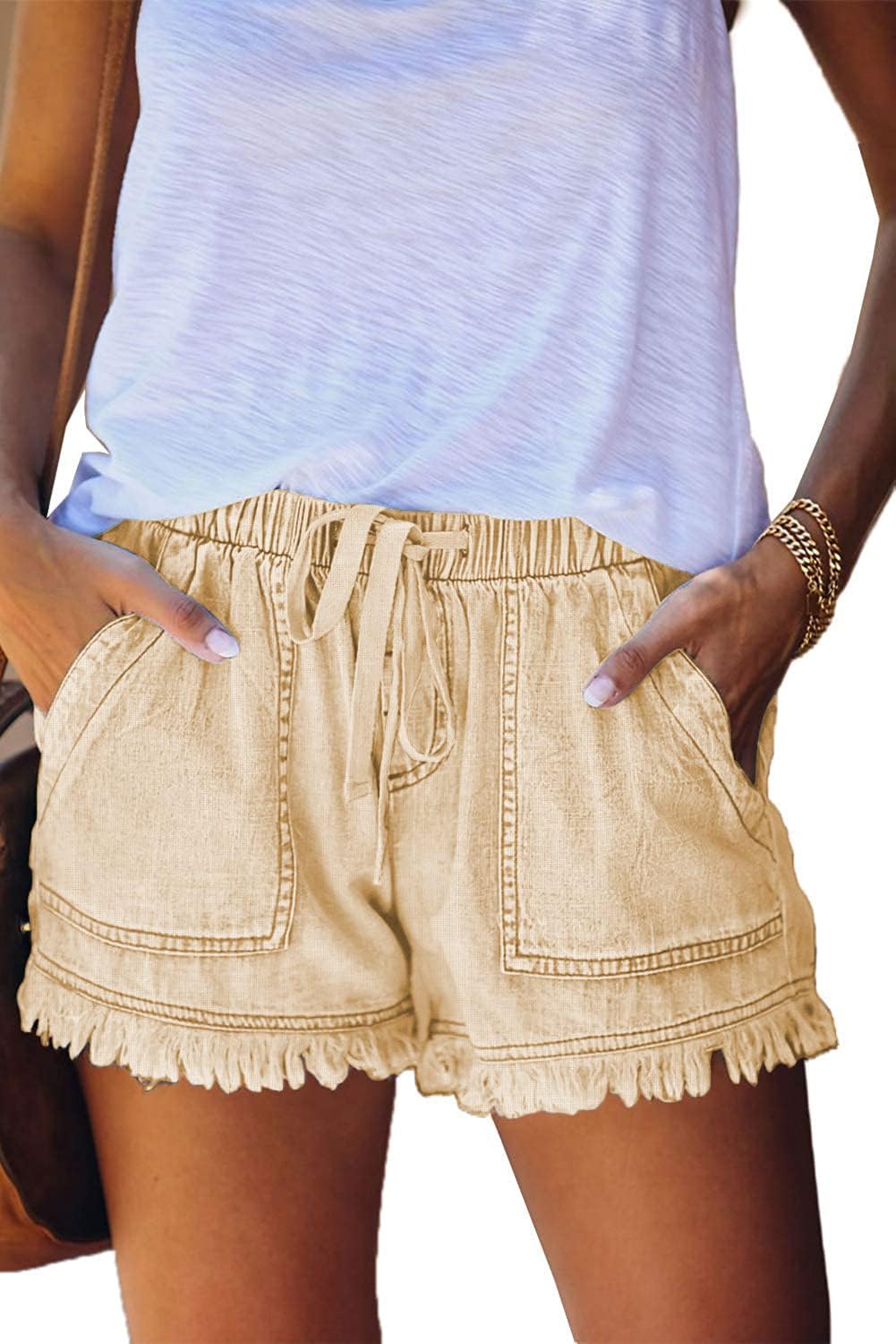 Damen leichte Shorts, lässig, weit geschnitten, trendige kurze Hose, elastischer Bund mit Kordelzug, bequeme Shorts