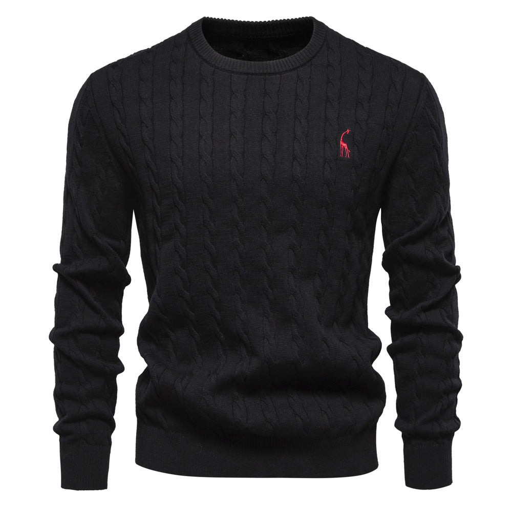 Herren Rundhals-Pullover mit Zopfmuster und Giraffenstickerei