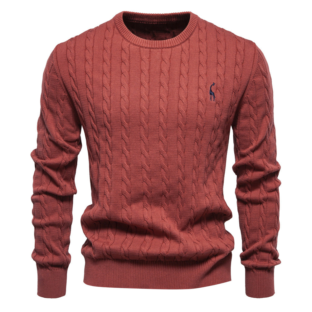 Herren Rundhals-Pullover mit Zopfmuster und Giraffenstickerei