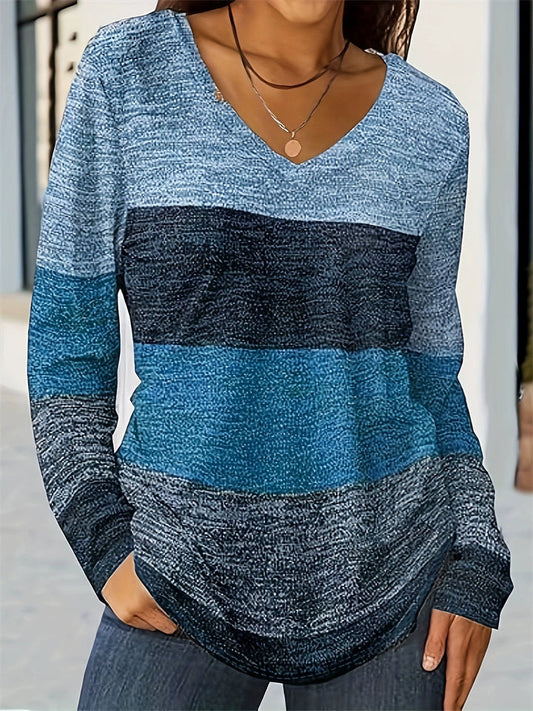 Plus Size Women's Casual Contrast Color V Neck Long Sleeve T-Shirts