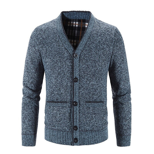 Herren gestrickter V-Ausschnitt Cardigan mit Knöpfen, Flanellfutter und Taschen